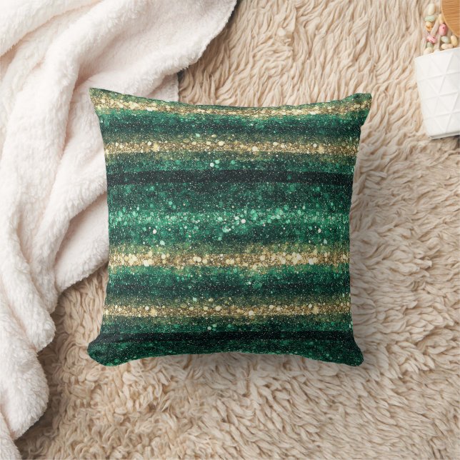 Green Gold Glitter Stripes Cushion (Blanket)