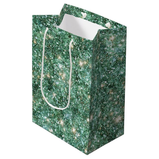 Green Gold Glitzy Glitter Birthday Medium Gift Bag (Front Angled)