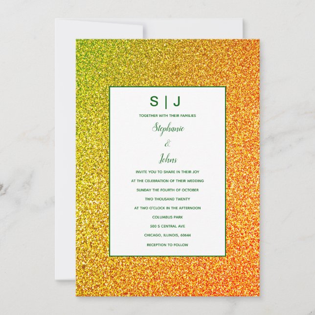 Green Gold Golden Yellow Glitter Ombre Wedding Invitation (Front)