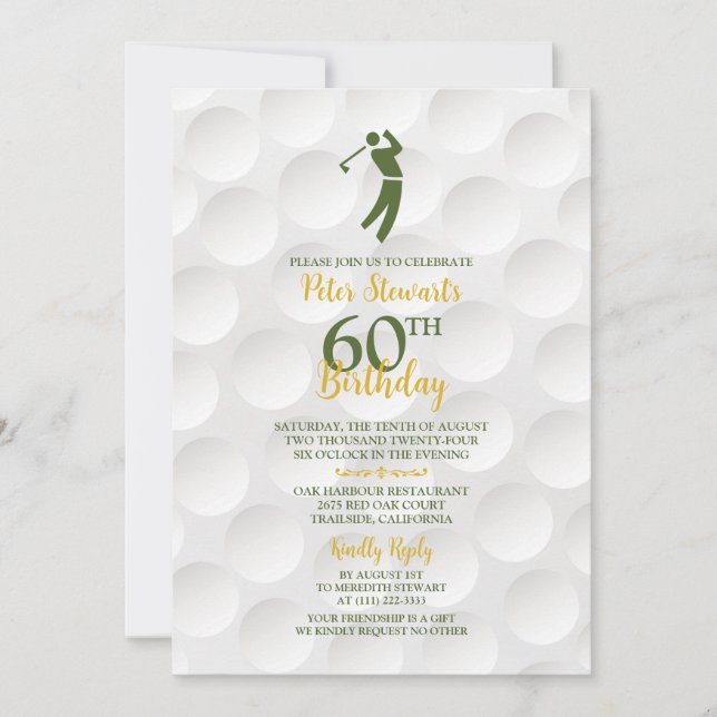 Green Gold Golfball Golfer Golf 60th Birthday Invitation (Front)
