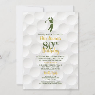 Green Gold Golfball Golfer Golf 80th Birthday Invitation