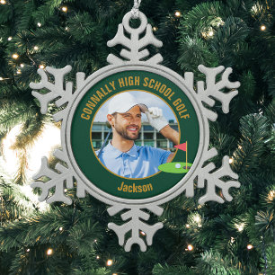 Green Gold Golfer Photo High School Golf Team Snowflake Pewter Christmas Ornament
