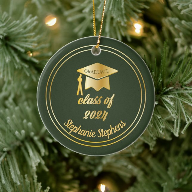 Green Gold Graduate Cap Graduation 2024 Photo  Ceramic Tree Decoration (Tree)