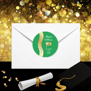 Green   Gold Graduate Wave Grad Cap Classic Round Sticker