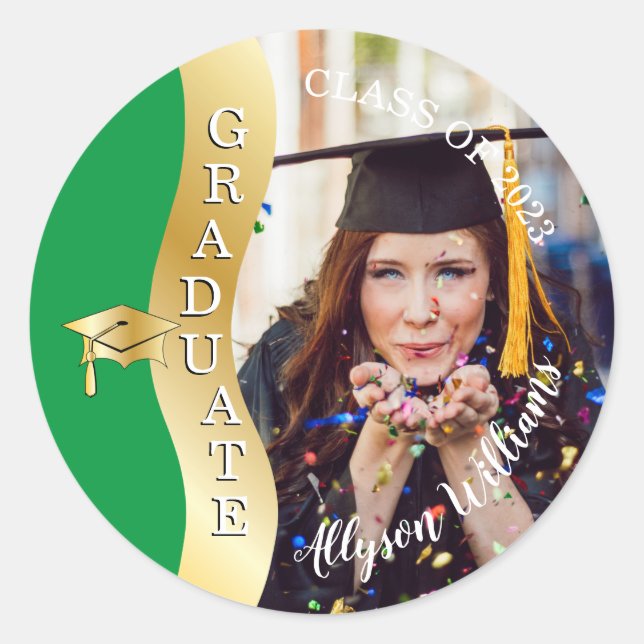 Green | Gold Graduate Wave Grad Cap Photo Classic Round Sticker (Front)