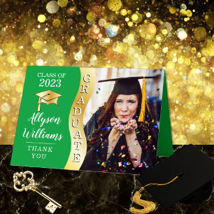 Green Gold Graduate Wave Grad Cap Photo Thank You Card