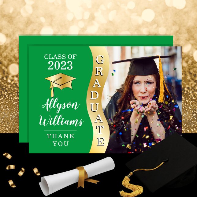 Green | Gold Graduate Wave Grad Cap Photo Thank You Card (Creator Uploaded)