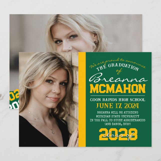 Green & Gold Graduation 2 Photo Announcement (Front/Back)