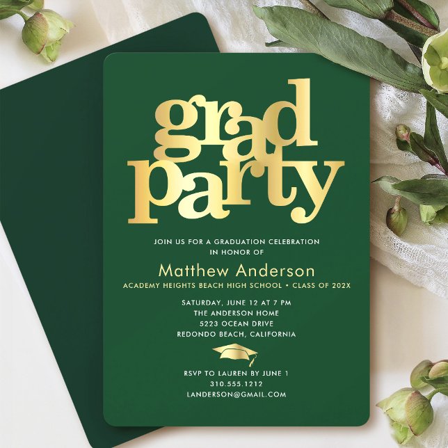 Green Gold Graduation Cap Bold Typography Minimal Invitation (Creator Uploaded)