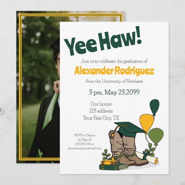 Green/Gold Graduation Cap Cowboy Boot Arrangement Invitation (Front/Back)