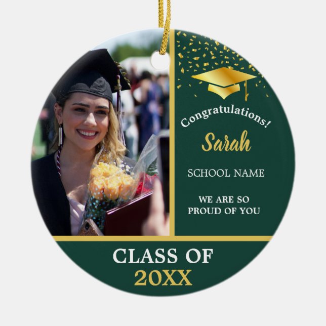 Green Gold Graduation Custom Photo Class Of 2025 Ceramic Tree Decoration (Front)