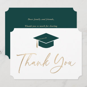 Green Gold Graduation Hat Elegant Script Modern Thank You Card