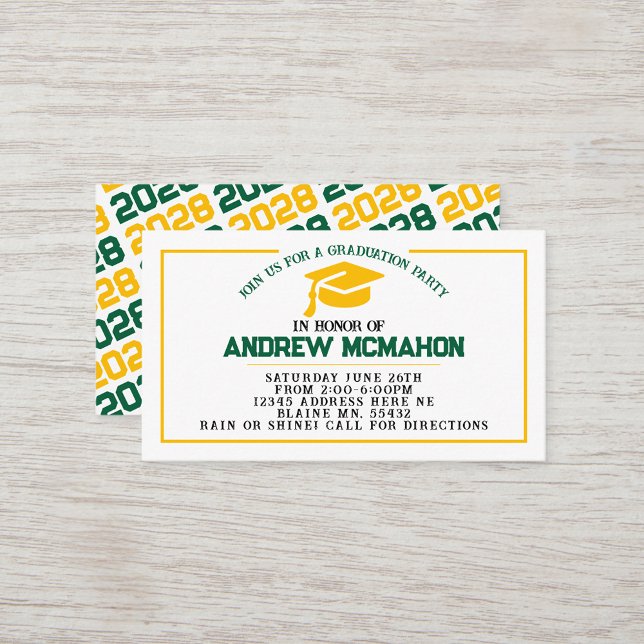 Green & Gold Graduation Invite Announcement Insert (Green White & Gold Mini Graduation Invitations for friends, classmates, teammates or announcements)