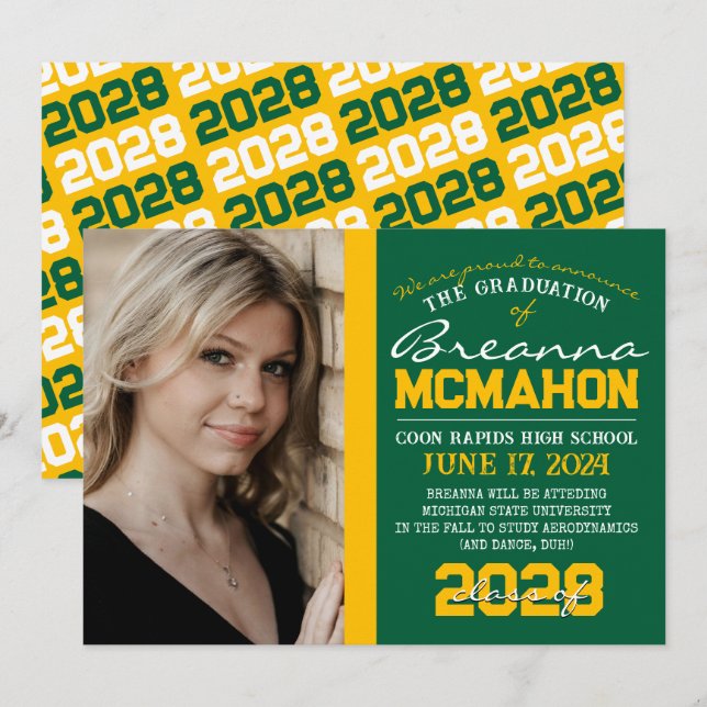Green & Gold Graduation Photo Announcement (Front/Back)