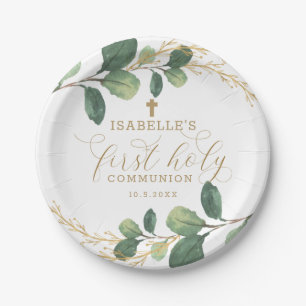 Green Gold Greenery Botanical First Holy Communion Paper Plate