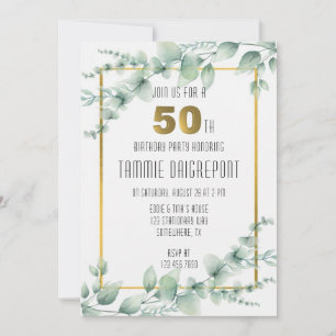 Green Gold Greenery Eucalyptus 50th Birthday Party Invitation