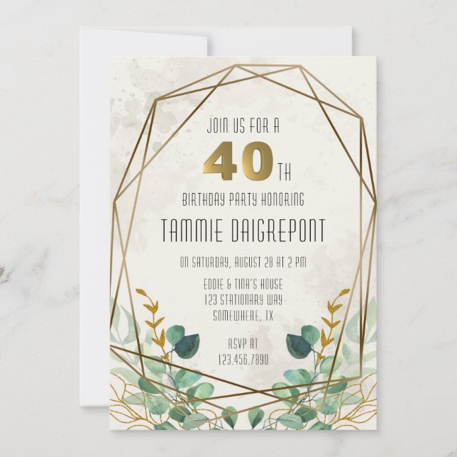 Green Gold Greenery Geometric 40th Birthday Party Invitation (Front)