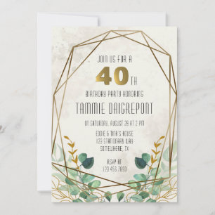 Green Gold Greenery Geometric 40th Birthday Party Invitation