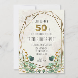 Green Gold Greenery Geometric 50th Birthday Party Invitation