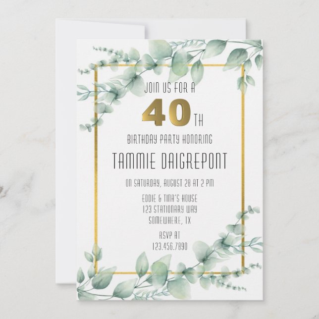 Green Gold Greeney Eucalyptus 40th Birthday Party Invitation (Front)