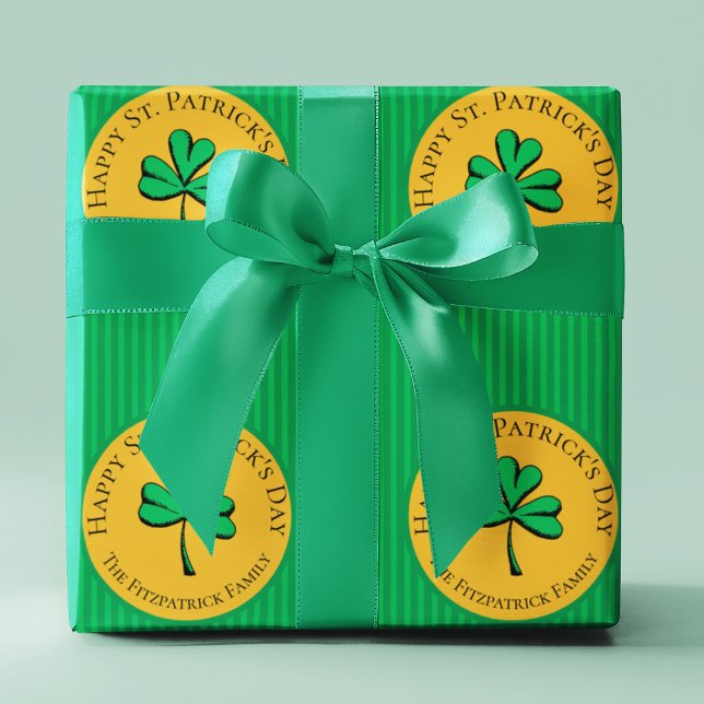 Green & Gold Happy St Patrick's Day Green Striped Wrapping Paper (Green and Gold Happy St. Patrick's Day Green Stripes with Good Luck Green Clover and Editable Text.)