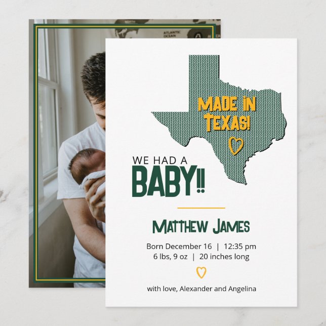 Green/Gold Herringbone Made in Texas Photo Baby Announcement (Front/Back)