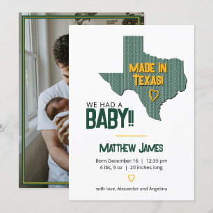 Green/Gold Herringbone Made in Texas Photo Baby Announcement