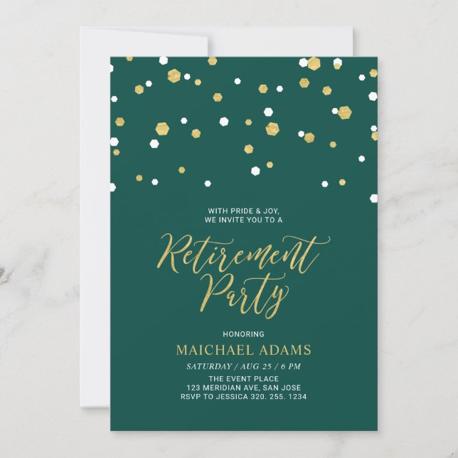 Green & Gold | Hexagon Confetti Retirement Party Invitation (Front)