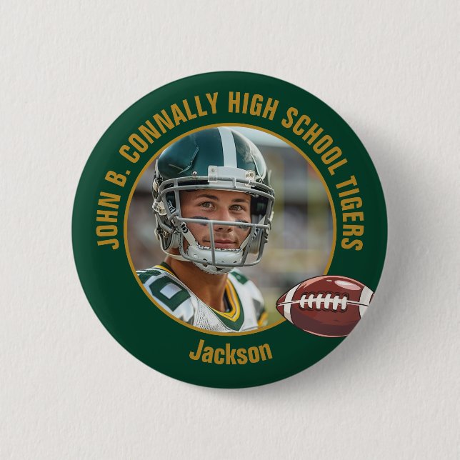 Green Gold High School Football Player Photo 6 Cm Round Badge (Front)