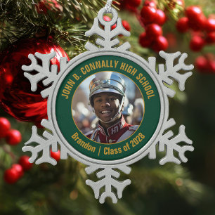 Green Gold High School Marching Band Photo Gift Snowflake Pewter Christmas Ornament