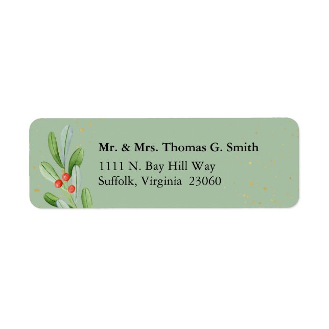 Green + Gold Holiday Botanical Return Address Labe (Front)