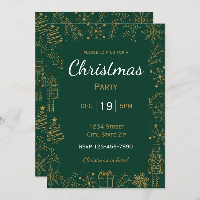 Green & Gold Holiday Invitation | Modern Glam Xmas (Front/Back)