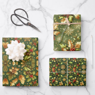 Green & Gold Hollies Christmas Wrapping Paper Sheet