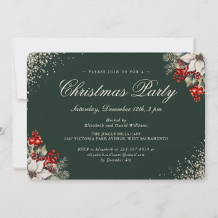 Green Gold Holly Berries Christmas Holiday Party Invitation