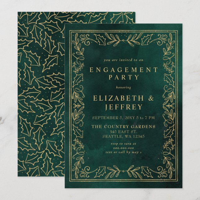 Green Gold Holly Christmas Engagement Party Invitation (Front/Back)