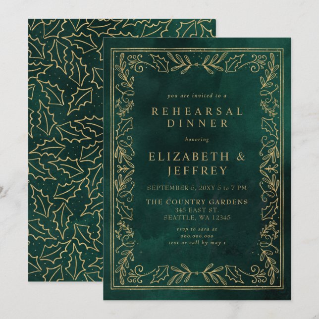 Green Gold Holly Christmas Rehearsal Dinner Invitation (Front/Back)