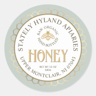Green Gold Honey Honeycomb Border and Bee Classic Round Sticker