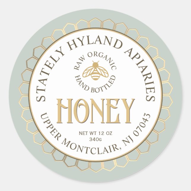 Green Gold Honey Honeycomb Border and Bee Classic Round Sticker (Front)