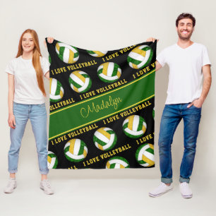 green gold I love volleyball text phrase Fleece Blanket