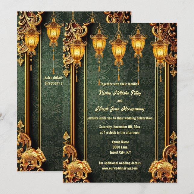 Green gold Indian elephants lanterns floral Hindi  Invitation (Front/Back)
