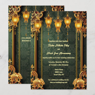 Green gold Indian elephants lanterns floral Hindi  Invitation