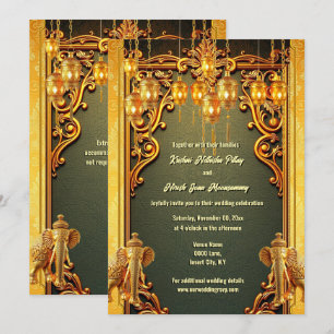 Green gold Indian elephants lanterns Hindi Hindu Invitation