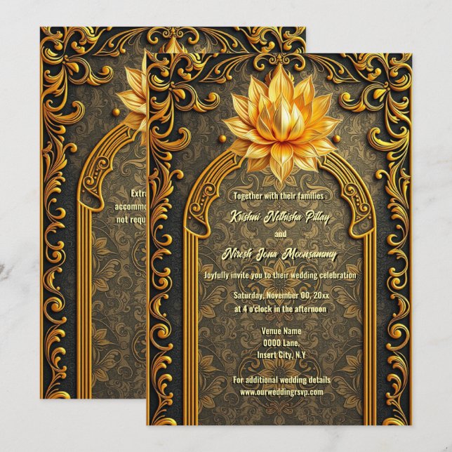 Green gold Indian lotus flower Hindi Hindu elegant Invitation (Front/Back)