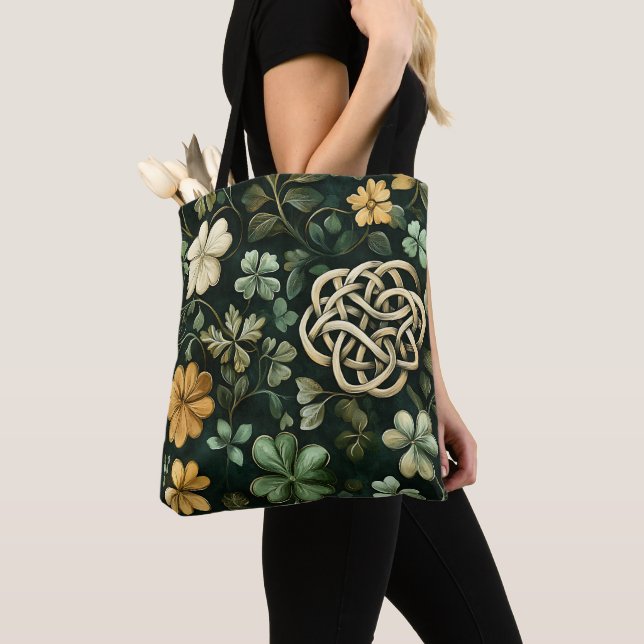 GREEN & GOLD IRISH CELTIC KNOT PATTERNS TOTE BAG (Close Up)