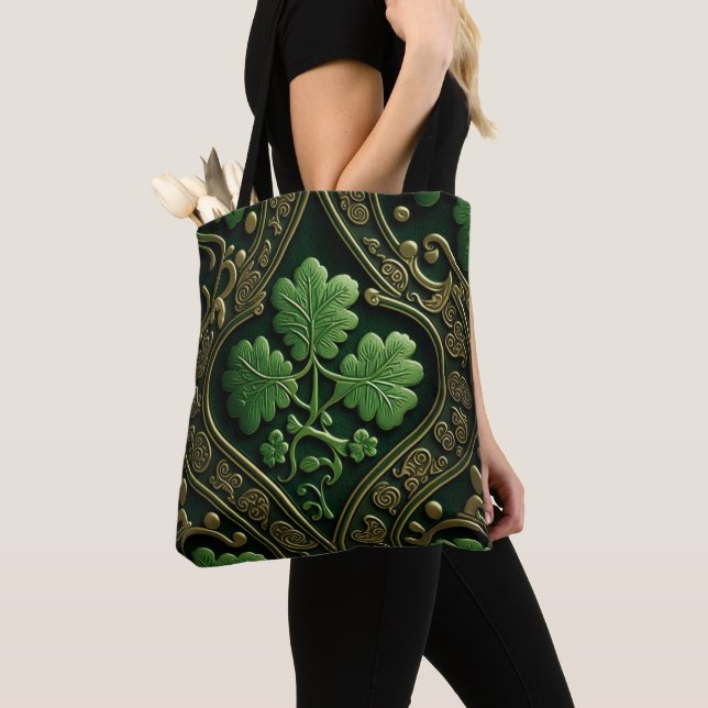 GREEN & GOLD IRISH CELTIC KNOTS TOTE BAG (Close Up)