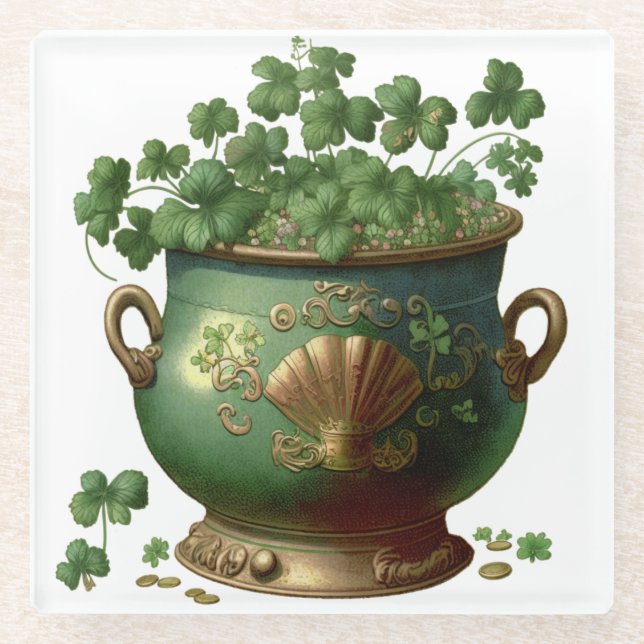 GREEN & GOLD IRISH POT OF SHAMROCKS & VINES GLASS COASTER (Front)