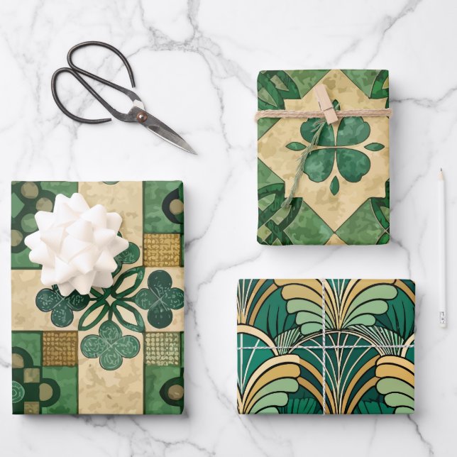 GREEN & GOLD IRISH SHAMROCKS & PATTERNS WRAPPING PAPER SHEET (Front)