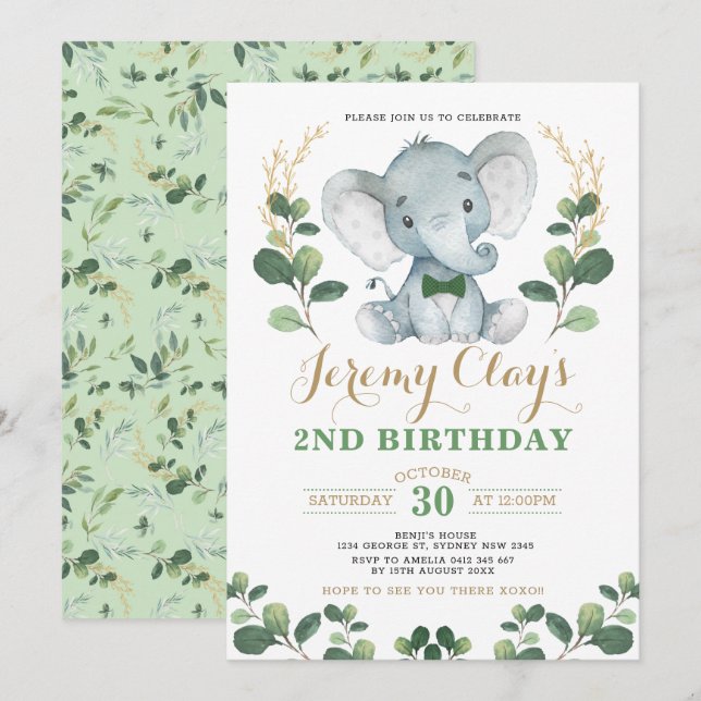 Green Gold Jungle Baby Elephant 2nd Birthday Invitation (Front/Back)