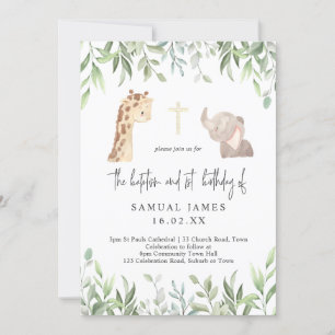 Green & Gold Jungle Baptism & 1st Birthday Invitation