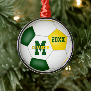 green gold kids soccer club colours keepsake metal tree decoration